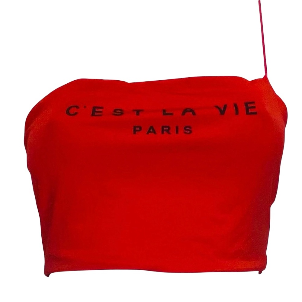 🤑 5/$25 SHEIN Red Black Writing One Shoulder Spaghetti Strap Crop Top